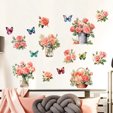 Aquarell Rosa Rose Blumenkorb Vase Wandaufkleber Abnehmbare PVC Schmetterling Blumen Wandbild Dekor Für Wohnzimmer Schlafzimmer