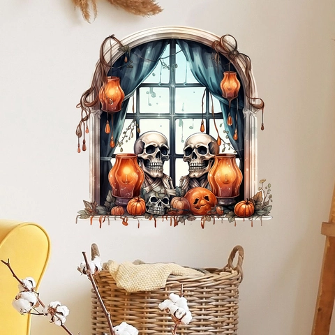 Pegatina de Pared de Halloween 3D Ventana Gótica Esqueleto Calabaza Linterna Impermeable PVC Decoración Sala de Estar