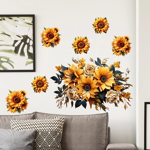 Sunflower And Rose Floral Wall Stickers Removable Self Adhesive PVC Wall Decals For Living Room Bedroom Kitchen Home Decor