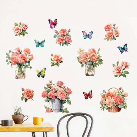 Aquarell Rosa Rose Blumenkorb Vase Wandaufkleber Abnehmbare PVC Schmetterling Blumen Wandbild Dekor Für Wohnzimmer Schlafzimmer