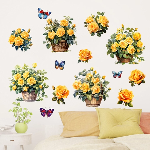 Pegatina de Pared Cesta de Rosas Amarillas y Mariposa PVC Impermeable Removible Calcomanía Floral para Sala de Estar Dormitorio