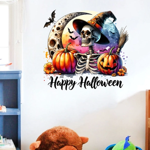 Halloween Pumpkin Skeleton Bat Wall Sticker Waterproof PVC Self-Adhesive Mural For Living Room Bedroom Holiday Party Decor