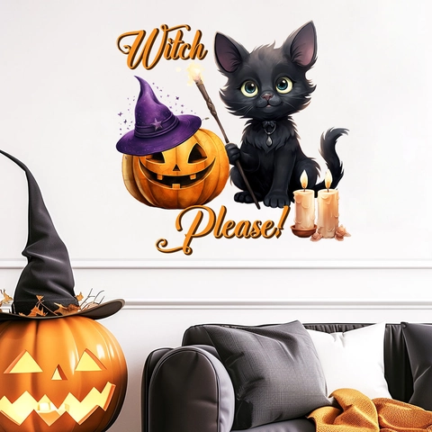 Adesivo da Parete di Halloween Zucca Gatto Nero Witch Please Decalcomania in PVC Autoadesiva per Soggiorno Camera da Letto Festa