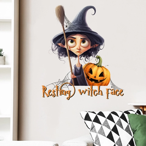 Adesivo da Parete Strega e Zucca di Halloween Decalcomania in PVC Impermeabile per Soggiorno Camera da Letto Festa