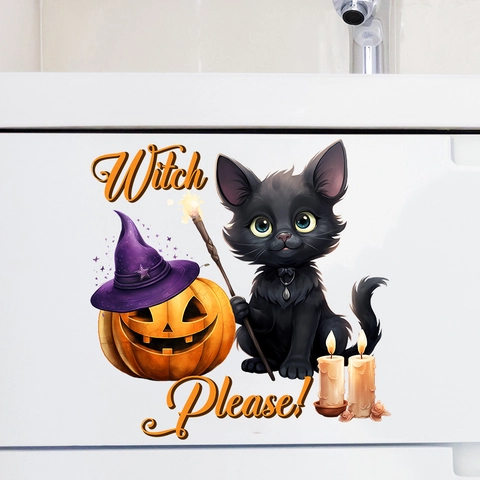 Adesivo da Parete di Halloween Zucca Gatto Nero Witch Please Decalcomania in PVC Autoadesiva per Soggiorno Camera da Letto Festa