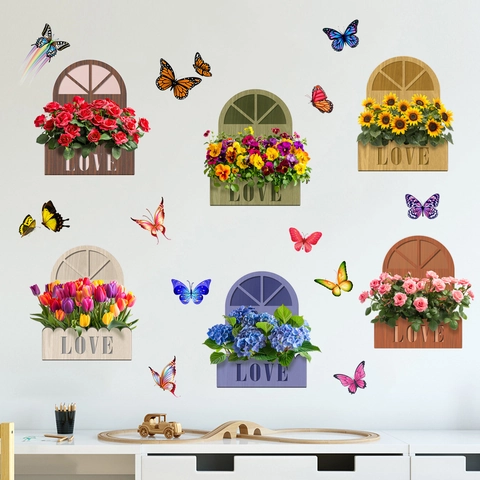 Vinilo Decorativo 3D Caja De Flores Con Mariposa Mural Decorativo De PVC Removible Para Sala De Estar Dormitorio Hogar