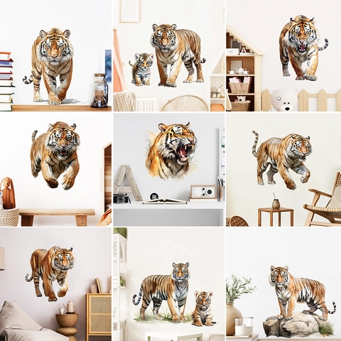 Sticker Mural Tigre Réaliste 3D Imperméable PVC Décalcomanie Murale Animale Pour Salon Chambre Bureau Décoration Maison