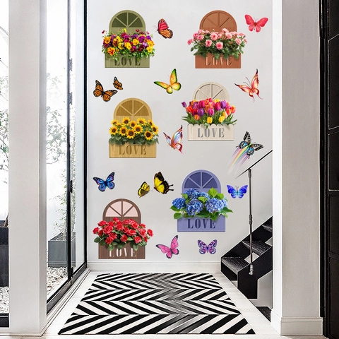 Vinilo Decorativo 3D Caja De Flores Con Mariposa Mural Decorativo De PVC Removible Para Sala De Estar Dormitorio Hogar
