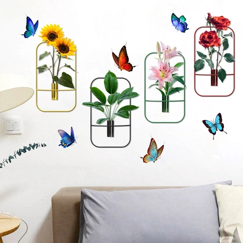Butterfly Sunflower Floral Wall Stickers 3D Visual Effect Waterproof PVC Decorative Wall Decals For Living Room Bedroom