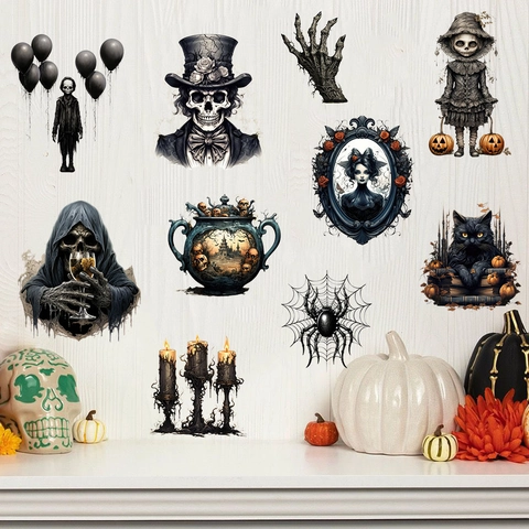 Halloween Gothik Wandtattoo PVC Wasserdicht Selbstklebend Skelett Spinne Katze Kürbis Sensenmann Heimdeko Wandbild