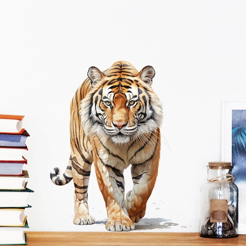 Sticker Mural Tigre Réaliste 3D Imperméable PVC Décalcomanie Murale Animale Pour Salon Chambre Bureau Décoration Maison