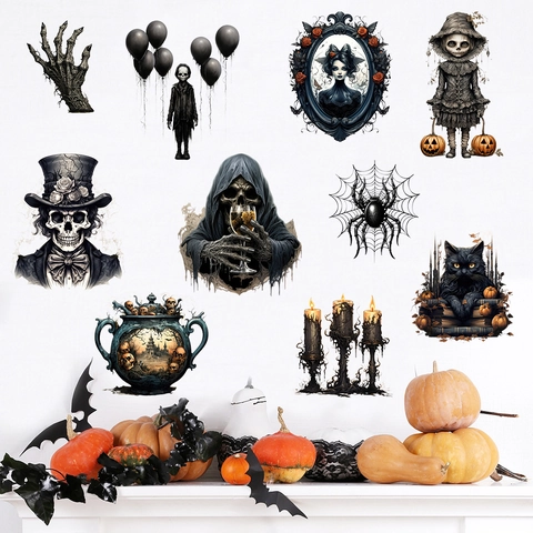Halloween Gothik Wandtattoo PVC Wasserdicht Selbstklebend Skelett Spinne Katze Kürbis Sensenmann Heimdeko Wandbild