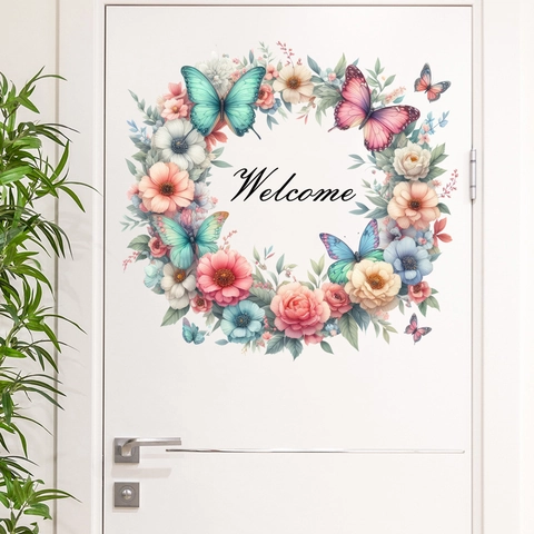 Welcome Wreath Wall Sticker With Colorful Butterfly Flower Waterproof PVC Removable Decal For Living Room Bedroom Door Decor