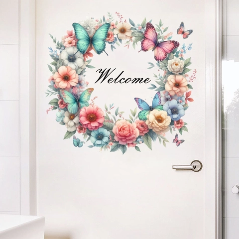 Welcome Wreath Wall Sticker With Colorful Butterfly Flower Waterproof PVC Removable Decal For Living Room Bedroom Door Decor
