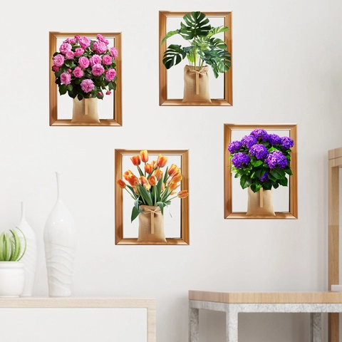 Pegatinas de Pared 3D Realistas Plantas Flores PVC Impermeable Autoadhesivo Monstera Tulipán Rosa Hortensia Home Decor