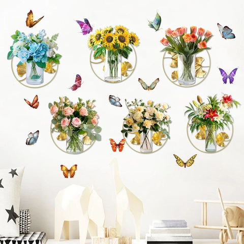Ginkgo Leaf Flower Vase Butterfly Self Adhesive Wall Sticker Waterproof PVC Floral Art Decal For Living Room Bedroom Decor