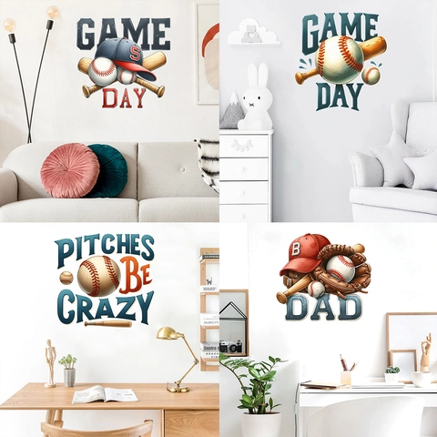 Adesivi Murali a Tema Baseball Sport Impermeabile PVC Decalcomania per Camera da Letto Soggiorno Game Day Hit Hard Run Fast Decorazioni Casa