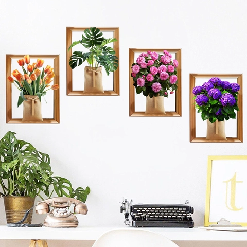 Pegatinas de Pared 3D Realistas Plantas Flores PVC Impermeable Autoadhesivo Monstera Tulipán Rosa Hortensia Home Decor