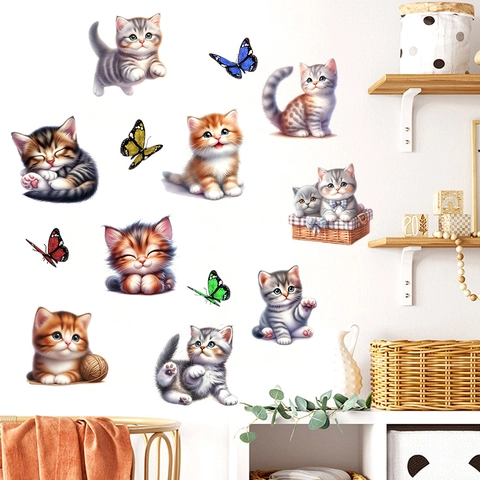 Lindas Pegatinas de Pared de Gato de Dibujos Animados Mariposa PVC Impermeable Removible Animales Para Sala Dormitorio Decoración
