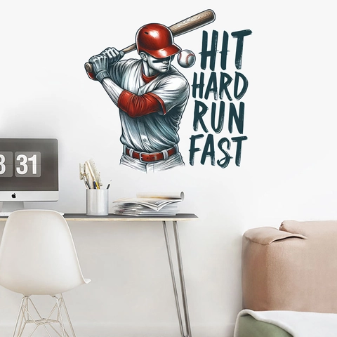 Adesivi Murali a Tema Baseball Sport Impermeabile PVC Decalcomania per Camera da Letto Soggiorno Game Day Hit Hard Run Fast Decorazioni Casa