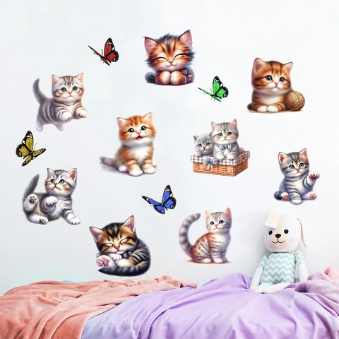 Lindas Pegatinas de Pared de Gato de Dibujos Animados Mariposa PVC Impermeable Removible Animales Para Sala Dormitorio Decoración