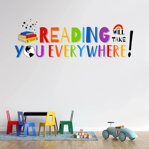 Reading Will Take You Everywhere Motiverende Muurstickers Kleurrijke Boeken Regenboog Aarde Verwijderbare PVC Decal Voor Kinderkamer Klaslokaal Huis Decoratie