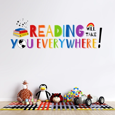 Reading Will Take You Everywhere Motiverende Muurstickers Kleurrijke Boeken Regenboog Aarde Verwijderbare PVC Decal Voor Kinderkamer Klaslokaal Huis Decoratie