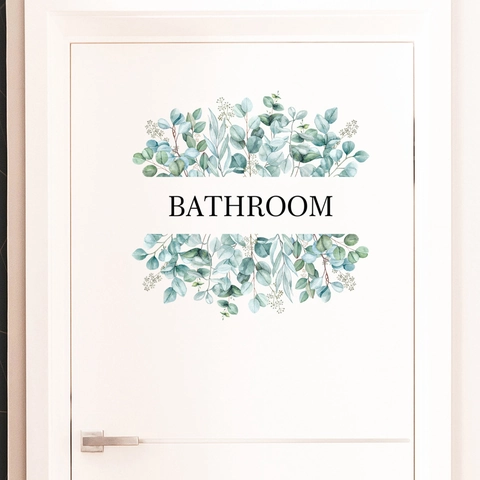Adhesivo de Puerta de Baño con Hojas de Eucalipto Calcomanía de Pared de PVC Impermeable Decoración Botánica Letrero de Baño