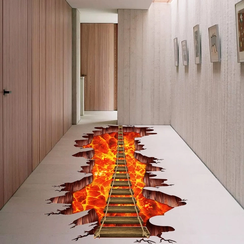 Adesivo per Pavimento Lava Realistico 3D Con Ponte in Legno Decalcomania per Muro Rotto Impermeabile Rimovibile PVC Murale d'Arte per Soggiorno Camera da Letto