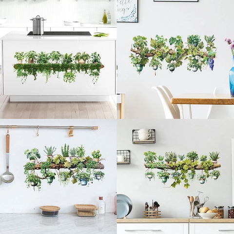 Waterdichte PVC Muurstickers Aquarel Groen Potplanten Boomstam Ontwerp Zelfklevende Woondecoratie Voor Keuken Woonkamer