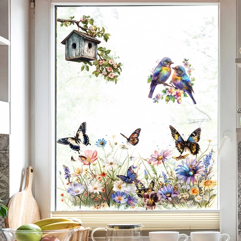 Adesivi da Parete con Uccelli Fiori Farfalle ad Acquerello Impermeabile PVC Casetta per Uccelli Giardino per Soggiorno Camera da Letto Cucina
