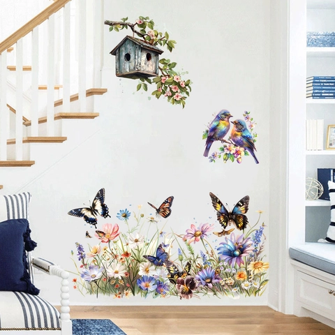 Adesivi da Parete con Uccelli Fiori Farfalle ad Acquerello Impermeabile PVC Casetta per Uccelli Giardino per Soggiorno Camera da Letto Cucina