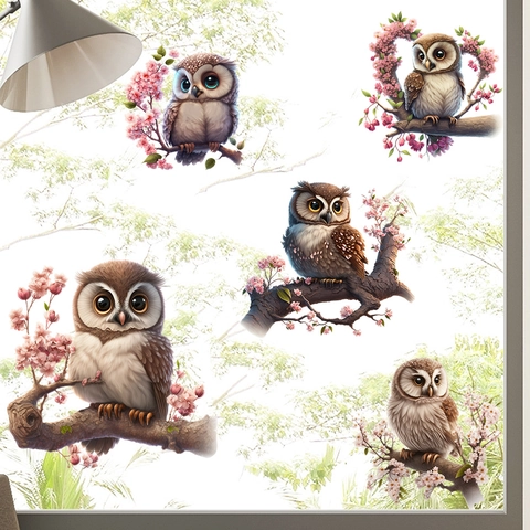 Cute Owl Cherry Blossom Wall Sticker PVC Waterproof Self Adhesive Decal For Kids Room Nursery Living Room Bedroom Home Decor Art