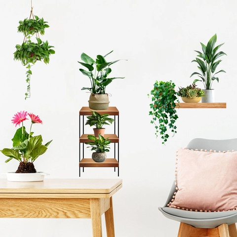 Autocollants Muraux Modernes en PVC Plantes Vertes en Pot Auto-Adhésif Imperméable Feuilles Panier Suspendu Murale pour Salon Chambre Décoration Maison