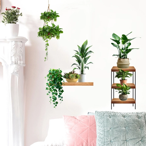 Autocollants Muraux Modernes en PVC Plantes Vertes en Pot Auto-Adhésif Imperméable Feuilles Panier Suspendu Murale pour Salon Chambre Décoration Maison