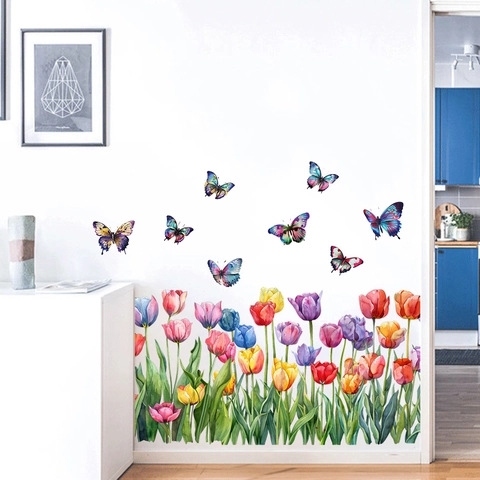 Adesivi Murali Tulipani Acquerello e Farfalle Colorate Impermeabile Removibile PVC Murales per Soggiorno Decorazione Casa