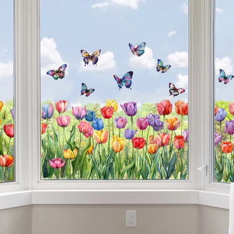 Adesivi Murali Tulipani Acquerello e Farfalle Colorate Impermeabile Removibile PVC Murales per Soggiorno Decorazione Casa