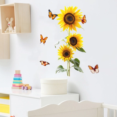 Zonnebloem Vlinder Muurstickers Waterdicht PVC Verwijderbare Muursticker Voor Woonkamer Slaapkamer Keuken Huis Decoratie Bloemen Kunst