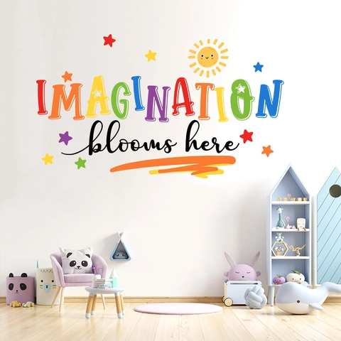 Adesivo da Parete Colorato Imagination Blooms Here PVC Impermeabile DIY Sole e Stelle per Cameretta Bambini Decorazione Casa
