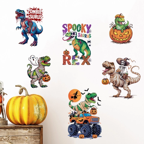 Halloween Dinosauriër Pompoen Skelet Heks PVC Muursticker Zelfklevende Decoratieve Sticker Voor Woonkamer En Feest Decoratie