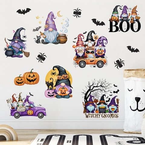 Halloween Gnomes Wall Stickers Witch Pumpkin Bat Spider PVC Self Adhesive Removable Home Decal Party Decoration Mural
