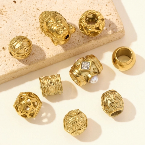 Vintage Stainless Steel Hollow Heart Buddha Head Large Hole Beads Gold Electroplated DIY Jewelry Making Accessory For Women