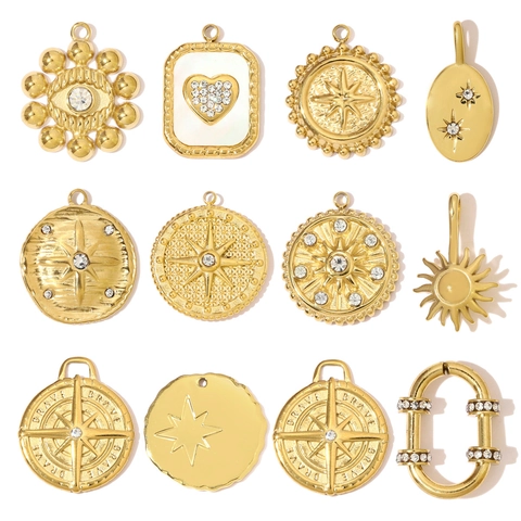 Stainless Steel Starburst Compass Pendant For DIY Jewelry Making Vintage Gold Sun Heart Charm Rhinestone Inlaid Pendant For Women