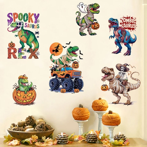 Halloween Dinosauriër Pompoen Skelet Heks PVC Muursticker Zelfklevende Decoratieve Sticker Voor Woonkamer En Feest Decoratie