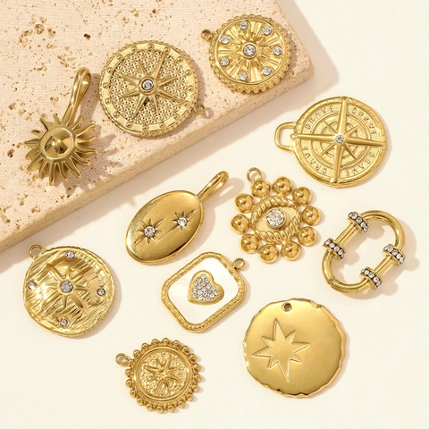 Stainless Steel Starburst Compass Pendant For DIY Jewelry Making Vintage Gold Sun Heart Charm Rhinestone Inlaid Pendant For Women