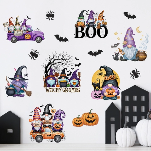 Halloween Gnomes Wall Stickers Witch Pumpkin Bat Spider PVC Self Adhesive Removable Home Decal Party Decoration Mural