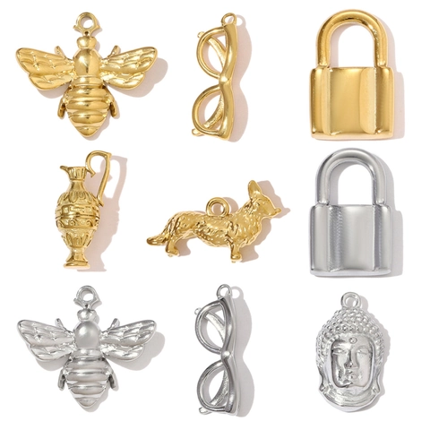 Colgantes DIY 3D de Acero Inoxidable Abeja Corgi Candado Gafas Cabeza de Buda Jarrón Formas Para Creación de Joyas Oro Plata