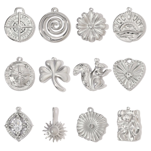 Stainless Steel Pendants For DIY Jewelry Making Rhinestone Heart Clover Star Squirrel Flower Compass Charms For Women