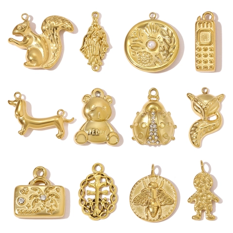Stainless Steel Gold Plated Animal Shape Pendants For Jewelry Making Bee Ladybug Fox Squirrel Teddy Bear Pendant DIY Necklace