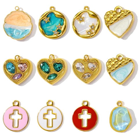 Pendentif en Acier Inoxydable Coquille Émail Verre Cœur Croix Charme Pour Fabrication de Bijoux DIY Collier Bracelet Femme Bijoux